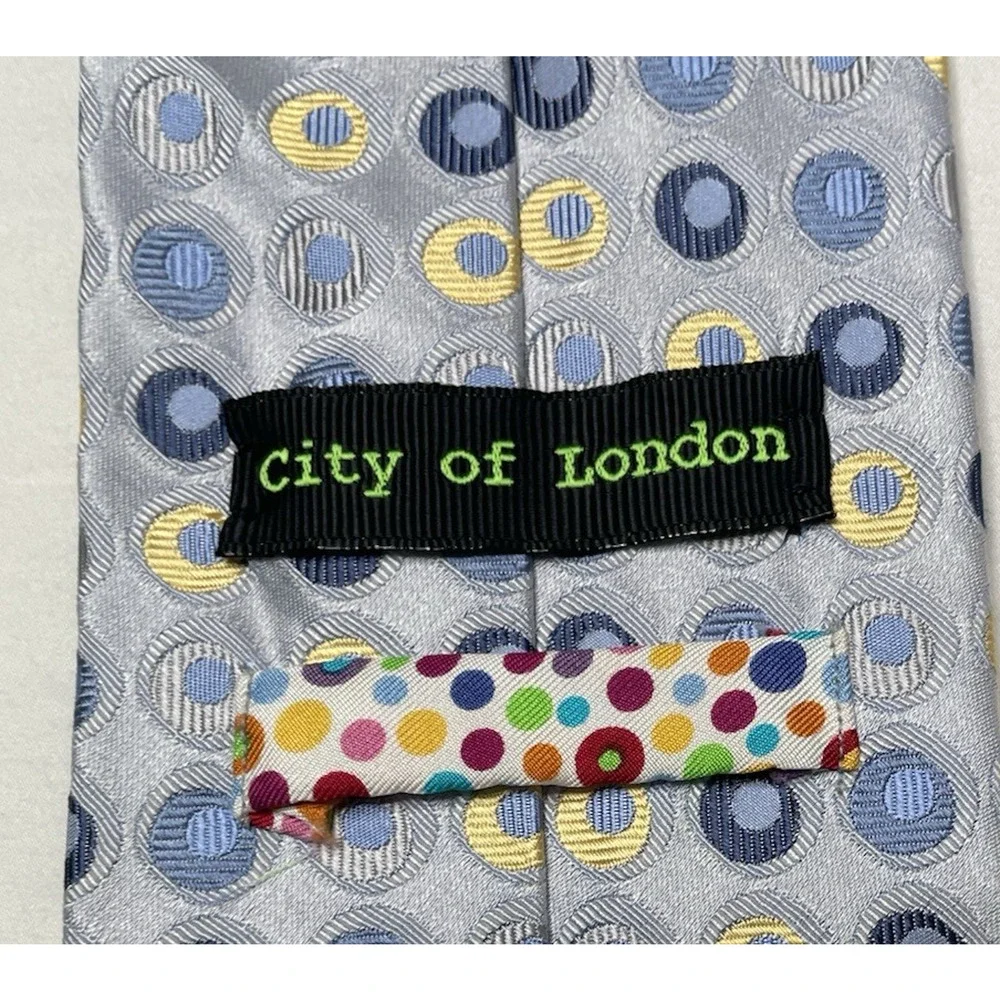 City of London Men’s Silk Tie Gray Blue Yellow Geometric Circle Made USA 59”